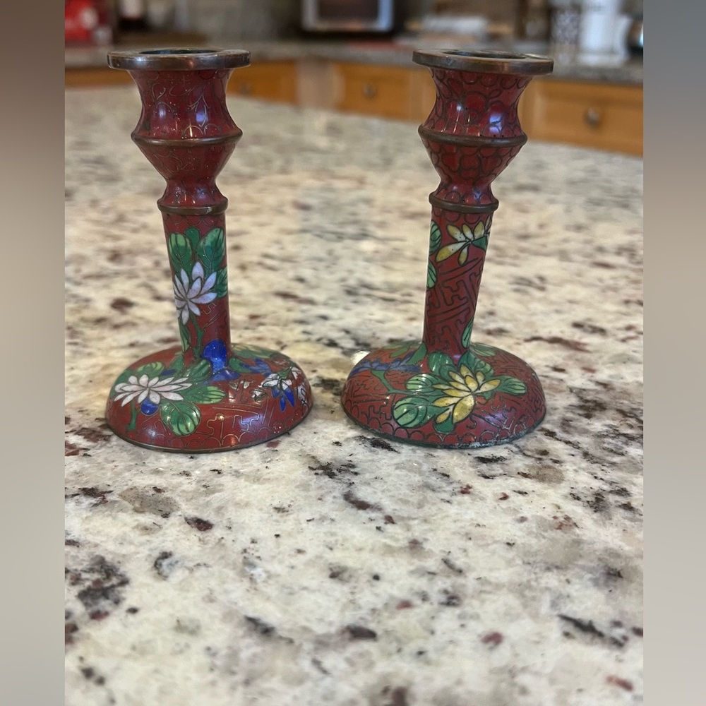 Vintage Craftsman Floral Enamel Candlestick Holders - Red and Green